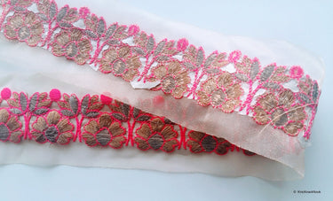 Sheer Gold Fabric Trim With Pink and Green Floral Thread Embroidery One Yard Lace Trim 58mm Wide - 200317L286